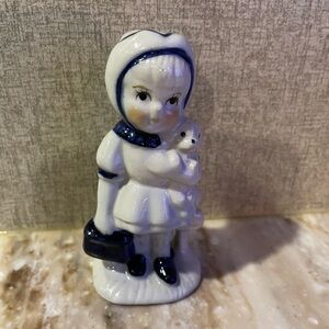 Vintage Porcelain Germany Blue And White Figurine Girl With Puppy